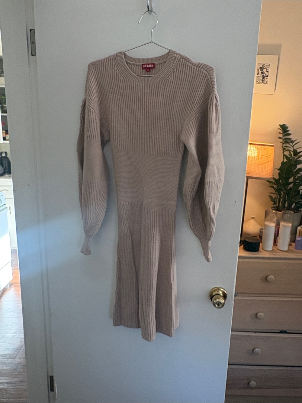STAUD Taupe Ribbed Knit Long-Sleeve Midi Dress